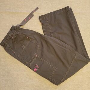 Koi Women Dark Gray Scrub Pants Pink Contrast Stitching Cargo Utility Small